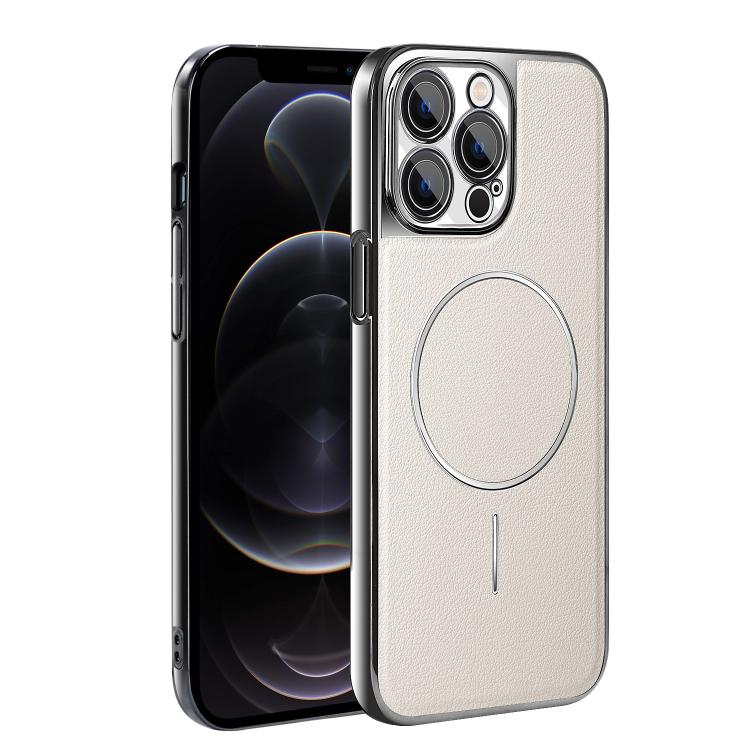 For iPhone 12 Pro Max Electroplated Frame Vegan Leather Magnetic Shockproof Phone Case