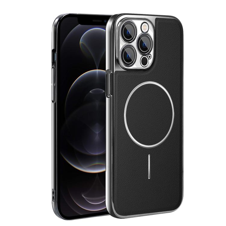 For iPhone 12 Pro Electroplated Frame Vegan Leather Magnetic Shockproof Phone Case