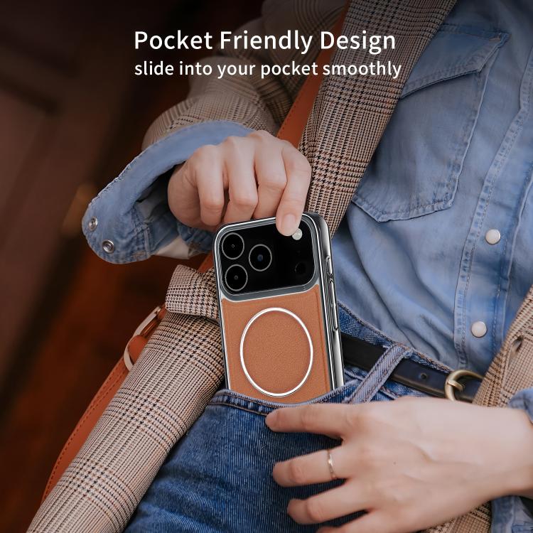 For iPhone 15 Pro Max Electroplated Frame Vegan Leather Magnetic Shockproof Phone Case
