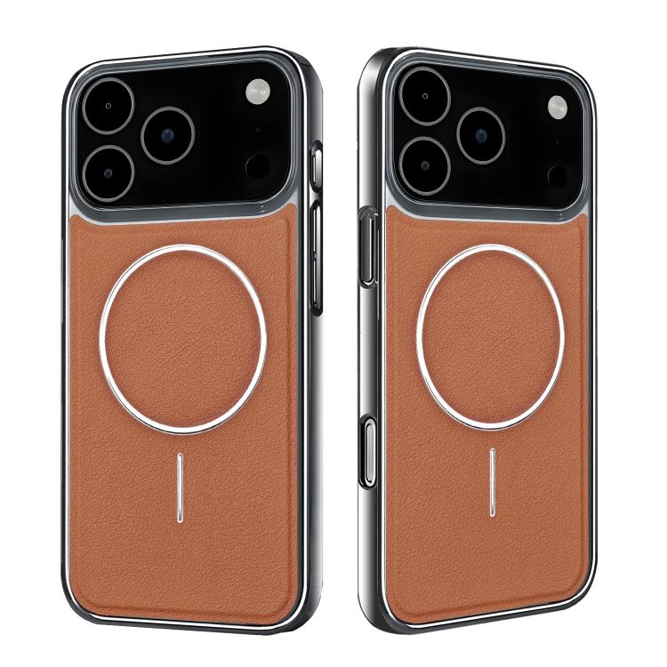 For iPhone 16 Electroplated Frame Vegan Leather Magnetic Shockproof Phone Case