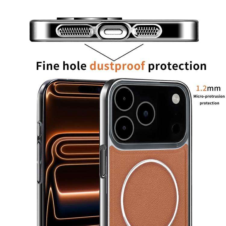 For iPhone 17 Pro Max Electroplated Frame Vegan Leather Magnetic Shockproof Phone Case