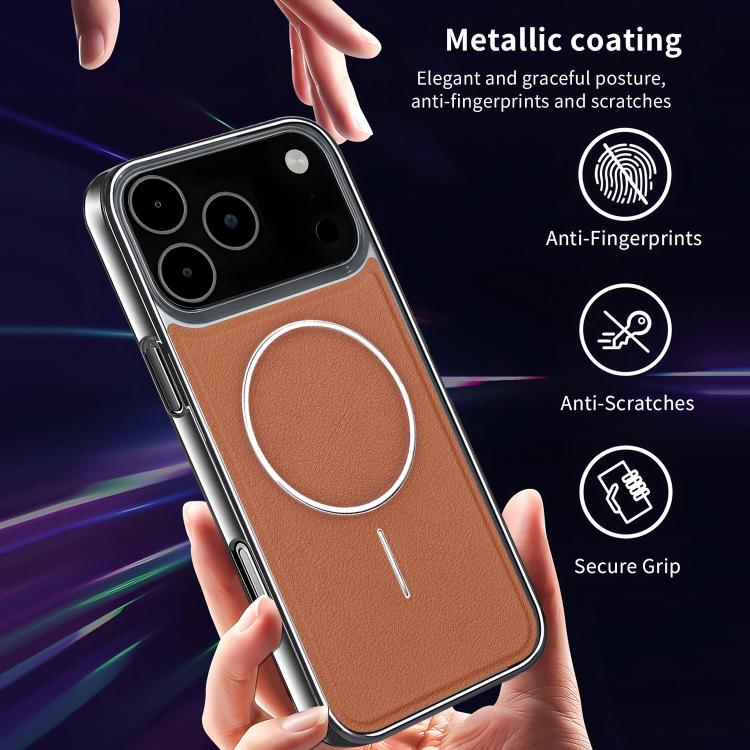 For iPhone 15 Pro Electroplated Frame Vegan Leather Magnetic Shockproof Phone Case