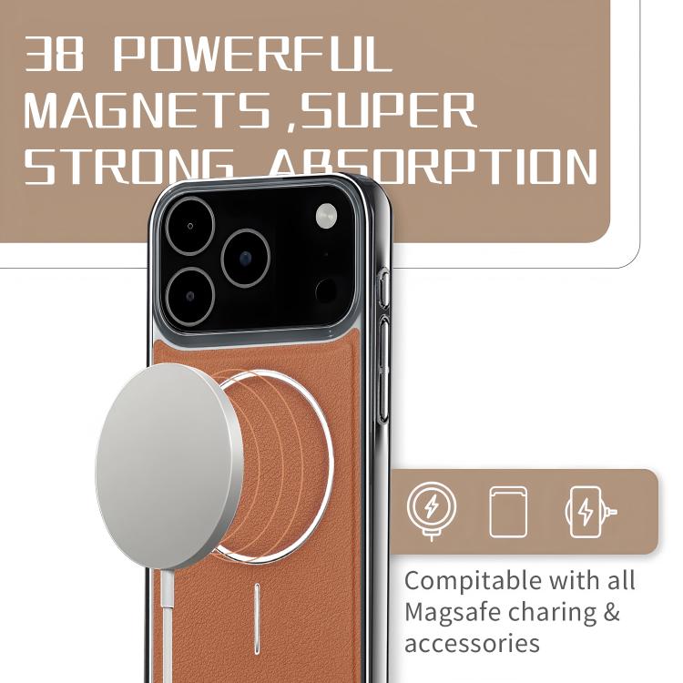 For iPhone 15 Pro Electroplated Frame Vegan Leather Magnetic Shockproof Phone Case