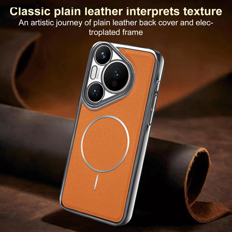 For Huawei Pura 70 Electroplated Frame Vegan Leather Magnetic Shockproof Phone Case