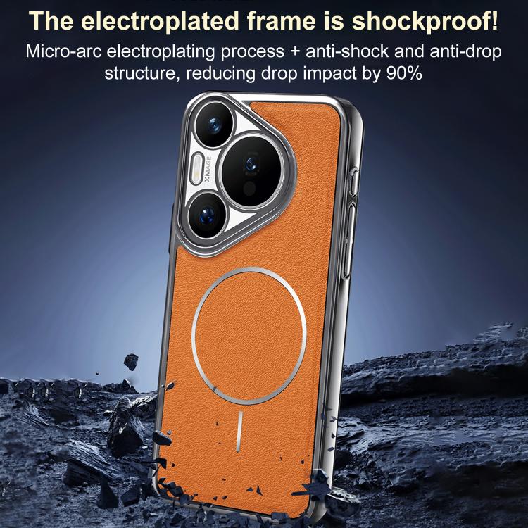 For Huawei Pura 70 Electroplated Frame Vegan Leather Magnetic Shockproof Phone Case