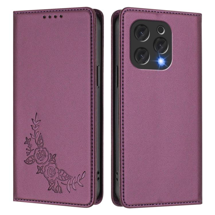 For Doogee N55 / N55 Plus Peony Embossed Magnetic RFID Vegan Leather Phone Case