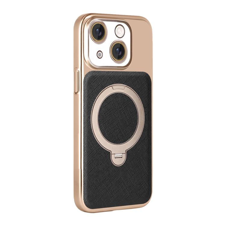 For iPhone 15 Gold Shield Magnetic Holder Lens Film Phone Case
