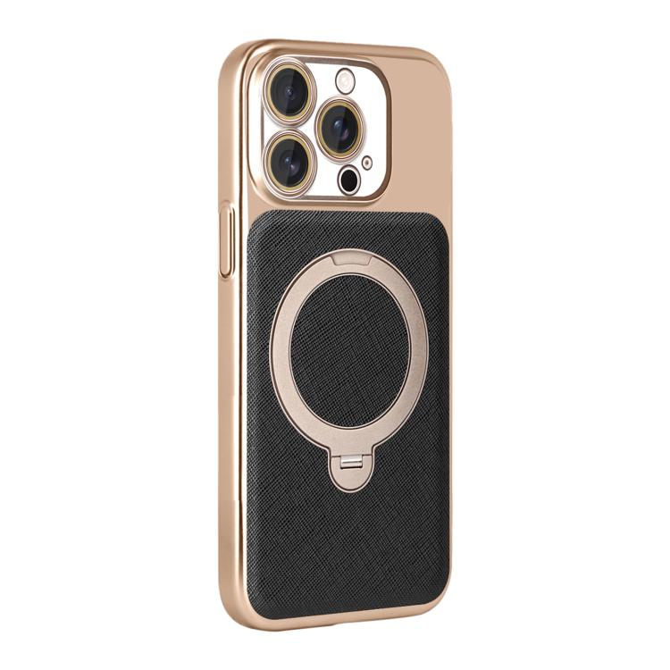 For iPhone 15 Pro Max Gold Shield Magnetic Holder Lens Film Phone Case