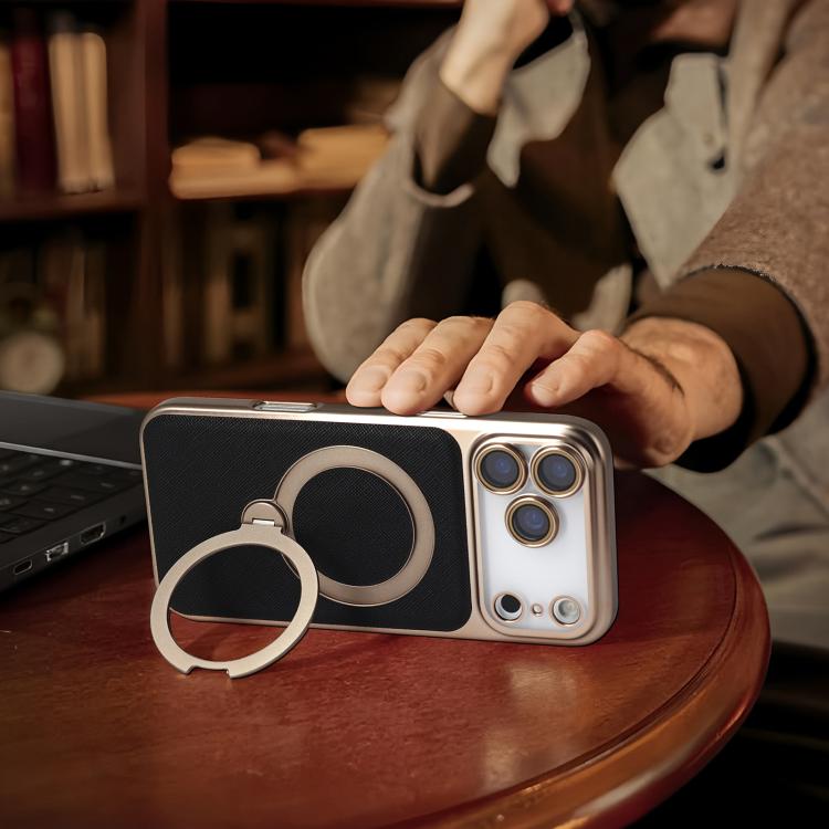 For iPhone 14 Gold Shield Magnetic Holder Lens Film Phone Case