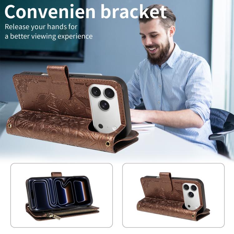 For iPhone 17 Pro Max Mandala Embossed 9-Card Zipper RFID Vegan Leather Phone Case with Short Lanyard