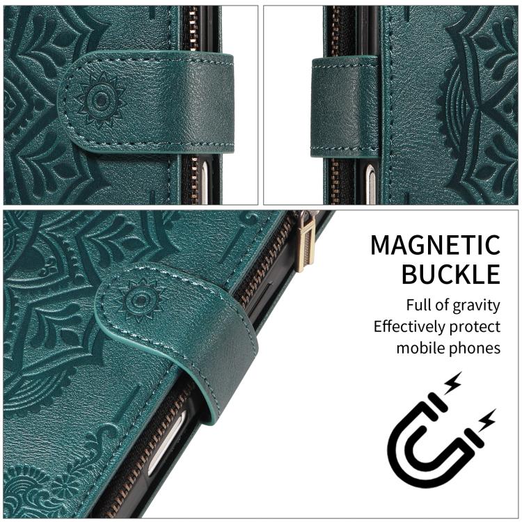 For iPhone 17 Pro Max Mandala Embossed 9-Card Zipper RFID Vegan Leather Phone Case with Short Lanyard