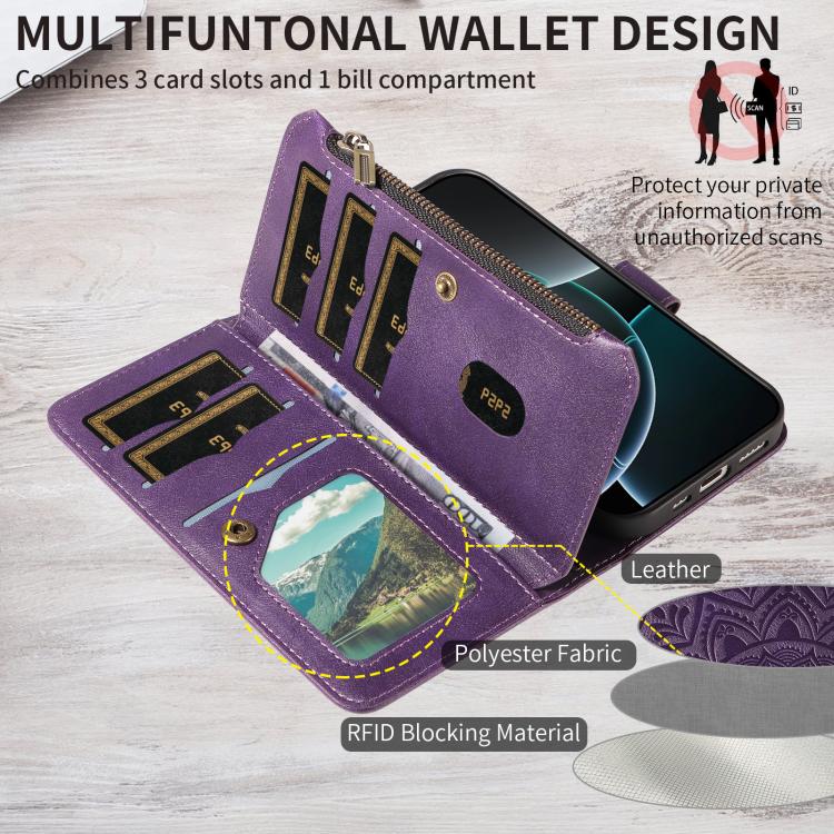 For iPhone 17 Pro Max Mandala Embossed 9-Card Zipper RFID Vegan Leather Phone Case with Short Lanyard