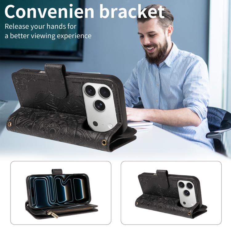 For iPhone 17 Pro Mandala Embossed 9-Card Zipper RFID Vegan Leather Phone Case with Short Lanyard
