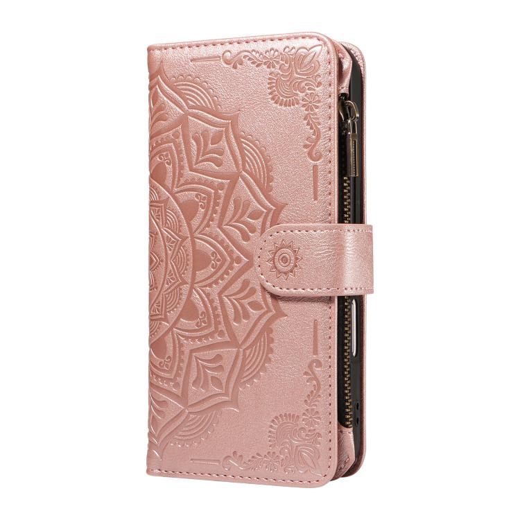 For iPhone 17 Mandala Embossed 9-Card Zipper RFID Vegan Leather Phone Case with Short Lanyard