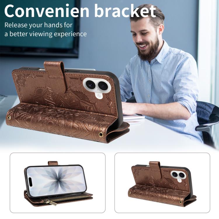 For iPhone 17 Mandala Embossed 9-Card Zipper RFID Vegan Leather Phone Case with Short Lanyard