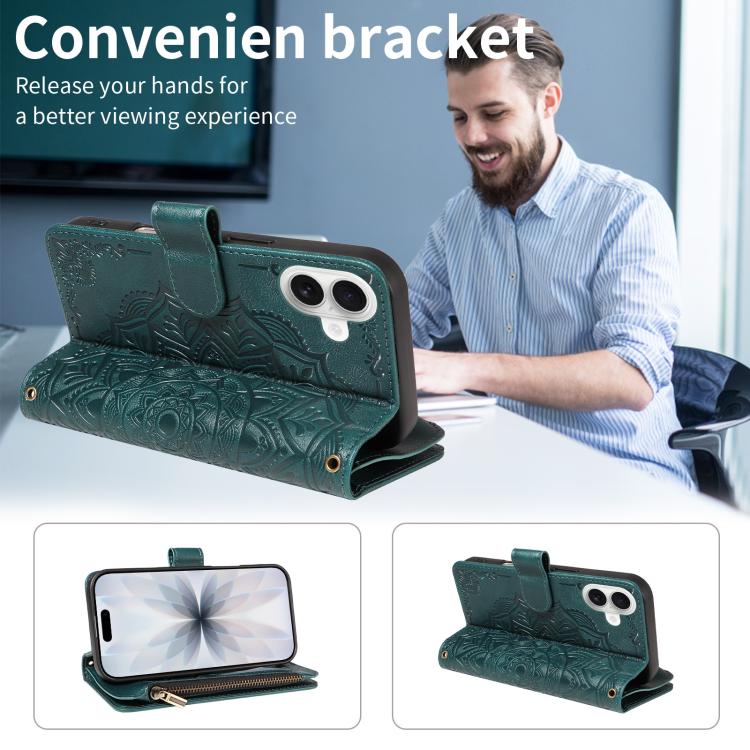For iPhone 17 Mandala Embossed 9-Card Zipper RFID Vegan Leather Phone Case with Short Lanyard