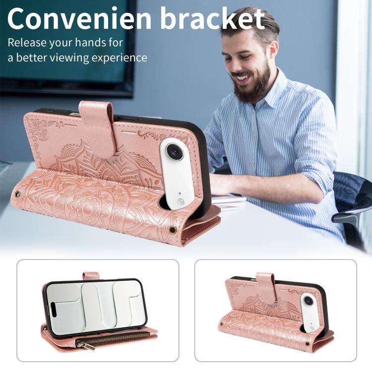 For iPhone Air Mandala Embossed 9-Card Zipper RFID Vegan Leather Phone Case with Short Lanyard