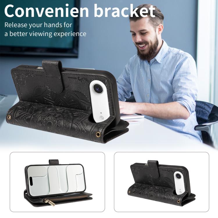 For iPhone Air Mandala Embossed 9-Card Zipper RFID Vegan Leather Phone Case with Short Lanyard