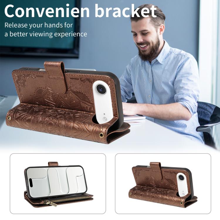 For iPhone Air Mandala Embossed 9-Card Zipper RFID Vegan Leather Phone Case with Short Lanyard