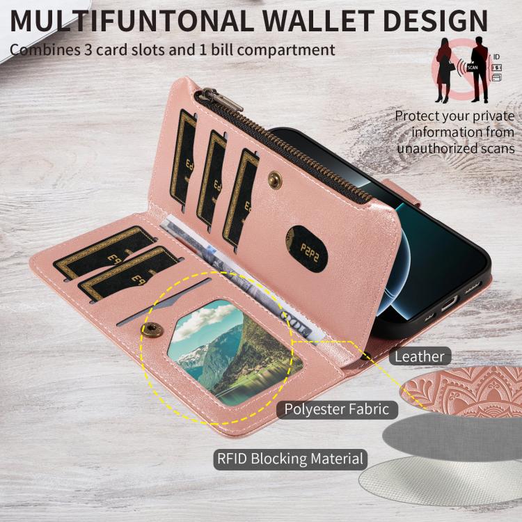 For iPhone 16 Plus Mandala Embossed 9-Card Zipper RFID Vegan Leather Phone Case with Short Lanyard