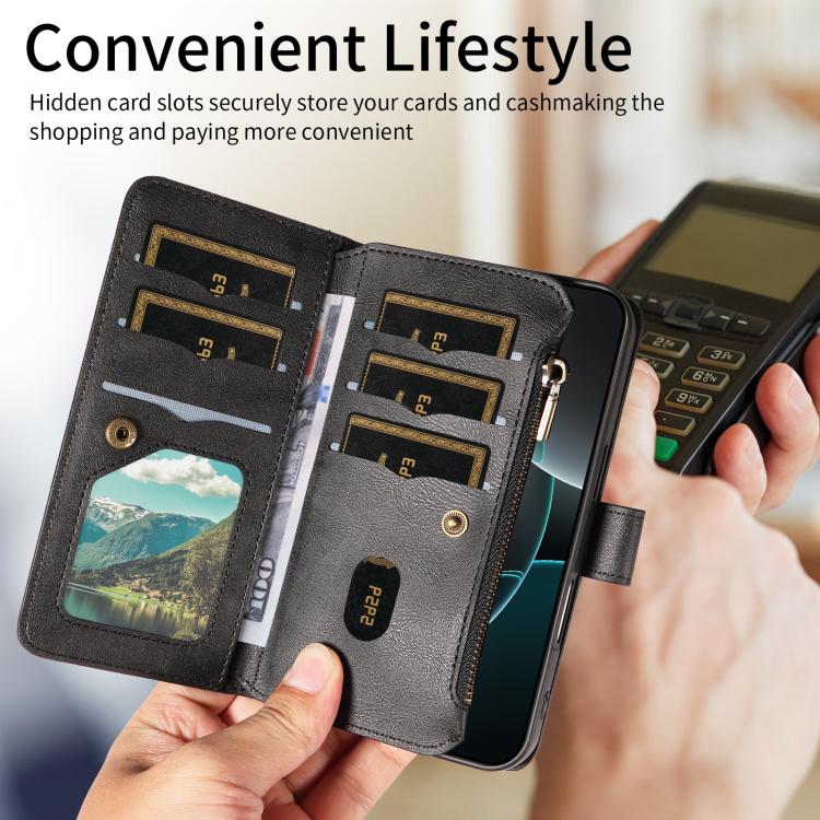 For iPhone 16 Plus Mandala Embossed 9-Card Zipper RFID Vegan Leather Phone Case with Short Lanyard