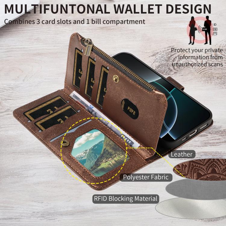 For iPhone 16 Plus Mandala Embossed 9-Card Zipper RFID Vegan Leather Phone Case with Short Lanyard