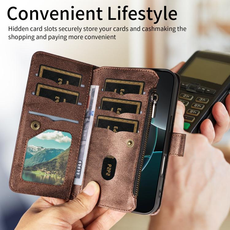 For iPhone 16 Plus Mandala Embossed 9-Card Zipper RFID Vegan Leather Phone Case with Short Lanyard