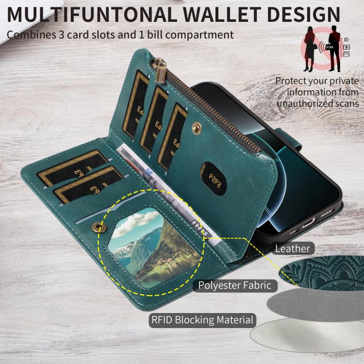 For iPhone 16 Plus Mandala Embossed 9-Card Zipper RFID Vegan Leather Phone Case with Short Lanyard