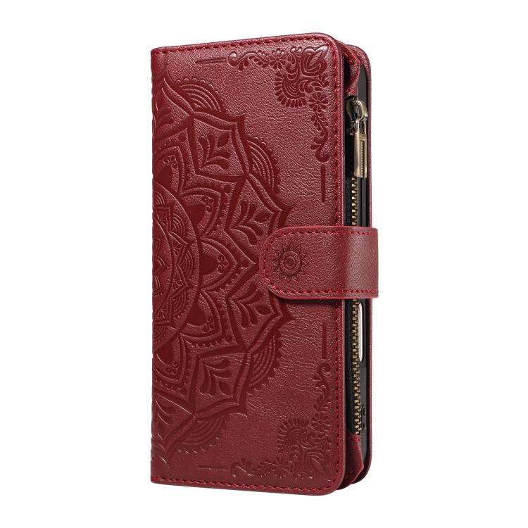 For iPhone 16 Plus Mandala Embossed 9-Card Zipper RFID Vegan Leather Phone Case with Short Lanyard