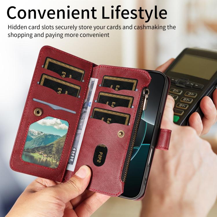 For iPhone 16 Plus Mandala Embossed 9-Card Zipper RFID Vegan Leather Phone Case with Short Lanyard