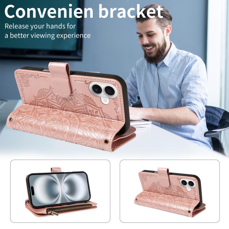 For iPhone 16 Mandala Embossed 9-Card Zipper RFID Vegan Leather Phone Case with Short Lanyard