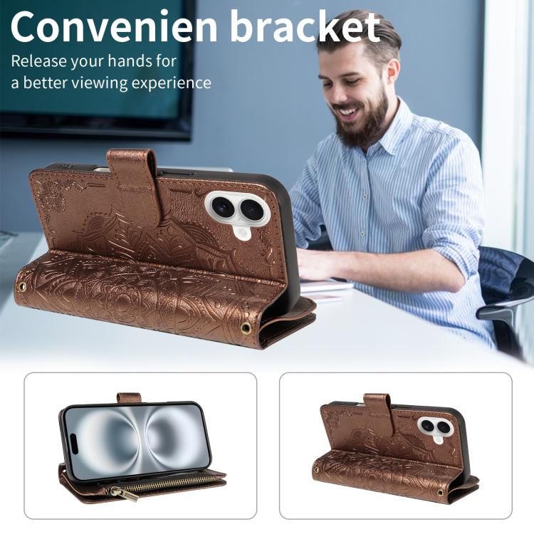 For iPhone 16 Mandala Embossed 9-Card Zipper RFID Vegan Leather Phone Case with Short Lanyard