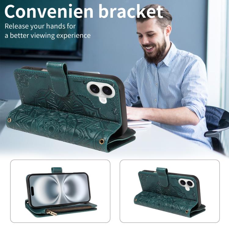 For iPhone 16 Mandala Embossed 9-Card Zipper RFID Vegan Leather Phone Case with Short Lanyard