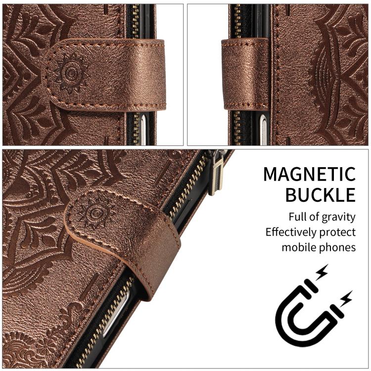 For iPhone 15 Plus Mandala Embossed 9-Card Zipper RFID Vegan Leather Phone Case with Short Lanyard