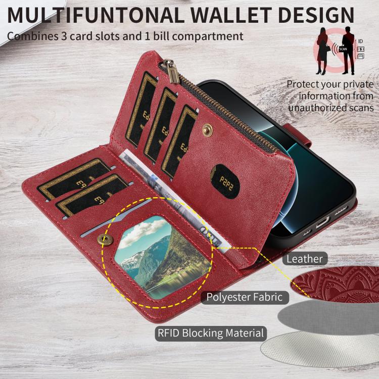 For iPhone 15 Plus Mandala Embossed 9-Card Zipper RFID Vegan Leather Phone Case with Short Lanyard