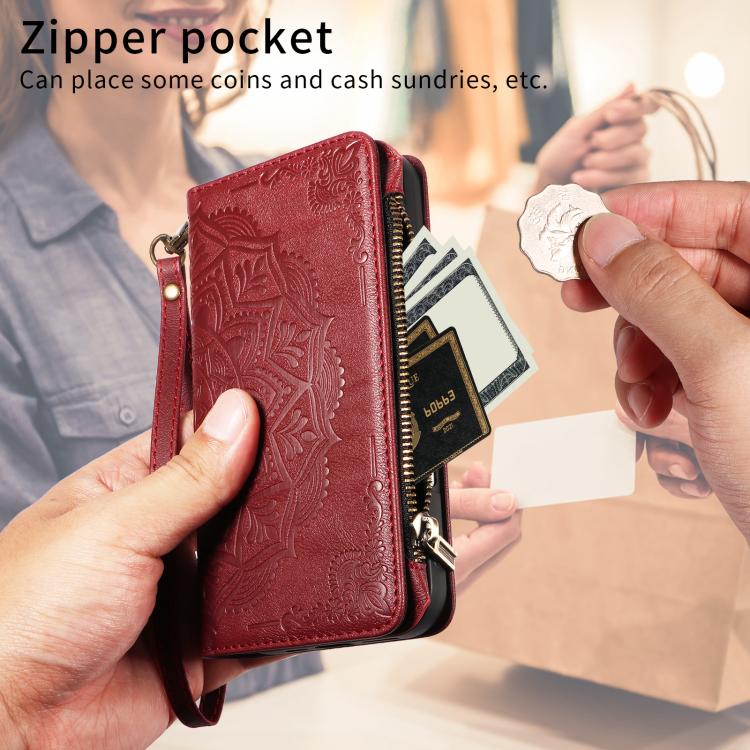 For iPhone 15 Plus Mandala Embossed 9-Card Zipper RFID Vegan Leather Phone Case with Short Lanyard