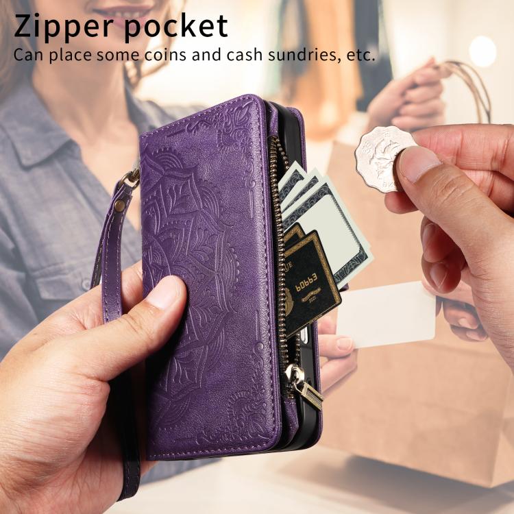 For iPhone 15 Plus Mandala Embossed 9-Card Zipper RFID Vegan Leather Phone Case with Short Lanyard