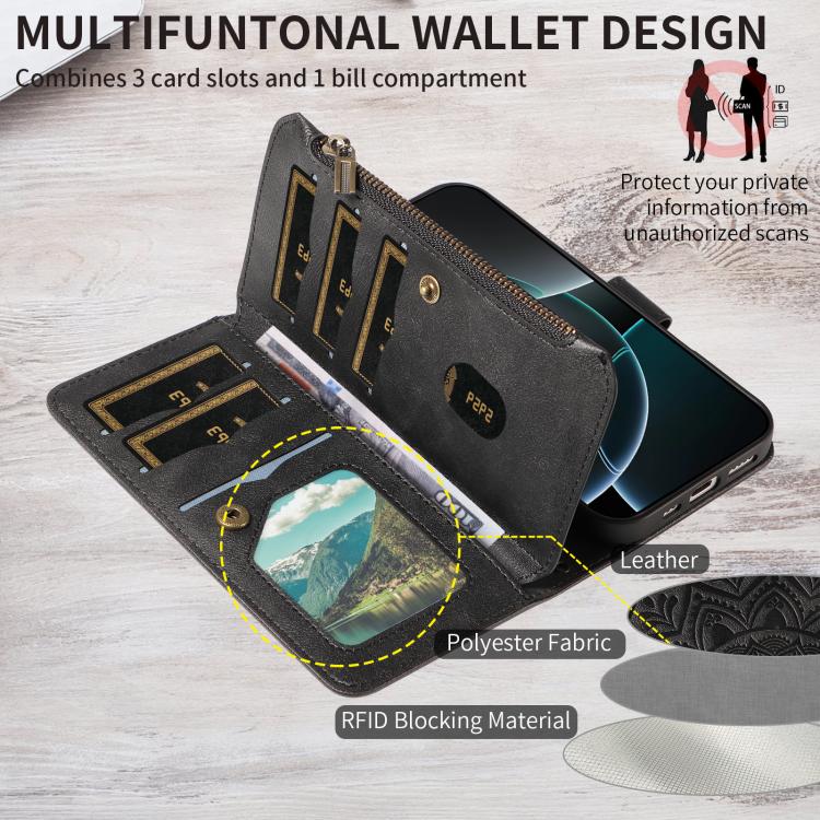 For iPhone 14 Plus Mandala Embossed 9-Card Zipper RFID Vegan Leather Phone Case with Short Lanyard