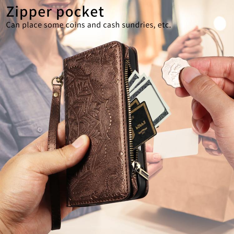 For iPhone 14 Plus Mandala Embossed 9-Card Zipper RFID Vegan Leather Phone Case with Short Lanyard