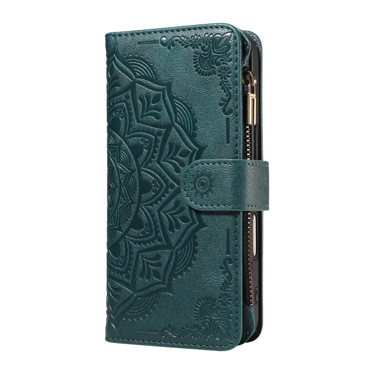 For iPhone 14 Plus Mandala Embossed 9-Card Zipper RFID Vegan Leather Phone Case with Short Lanyard
