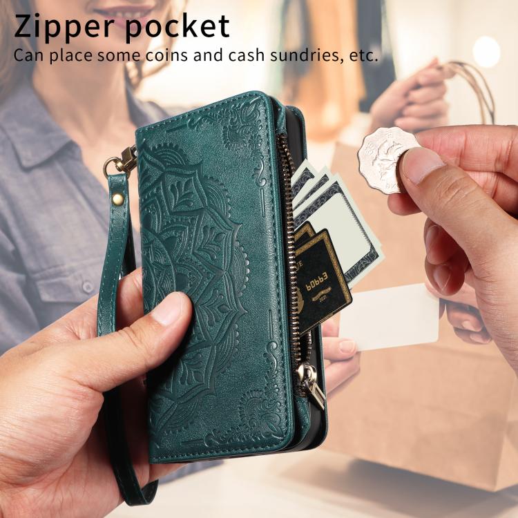 For iPhone 14 Plus Mandala Embossed 9-Card Zipper RFID Vegan Leather Phone Case with Short Lanyard