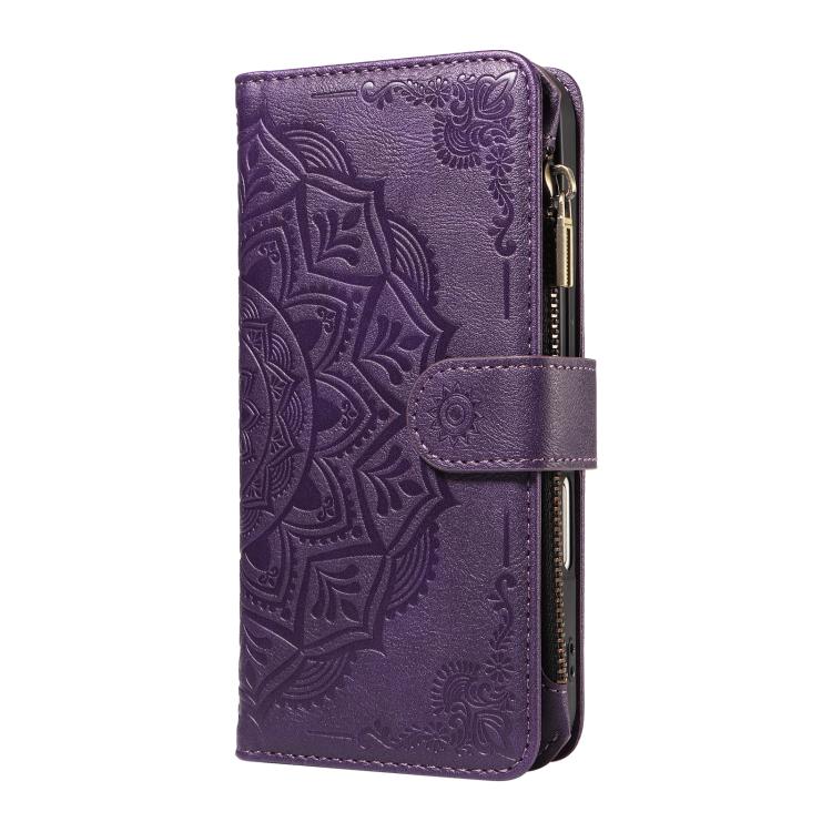 For iPhone 14 Plus Mandala Embossed 9-Card Zipper RFID Vegan Leather Phone Case with Short Lanyard