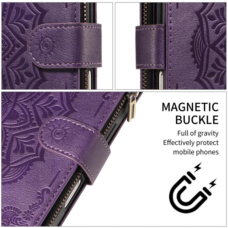 For iPhone 14 Plus Mandala Embossed 9-Card Zipper RFID Vegan Leather Phone Case with Short Lanyard