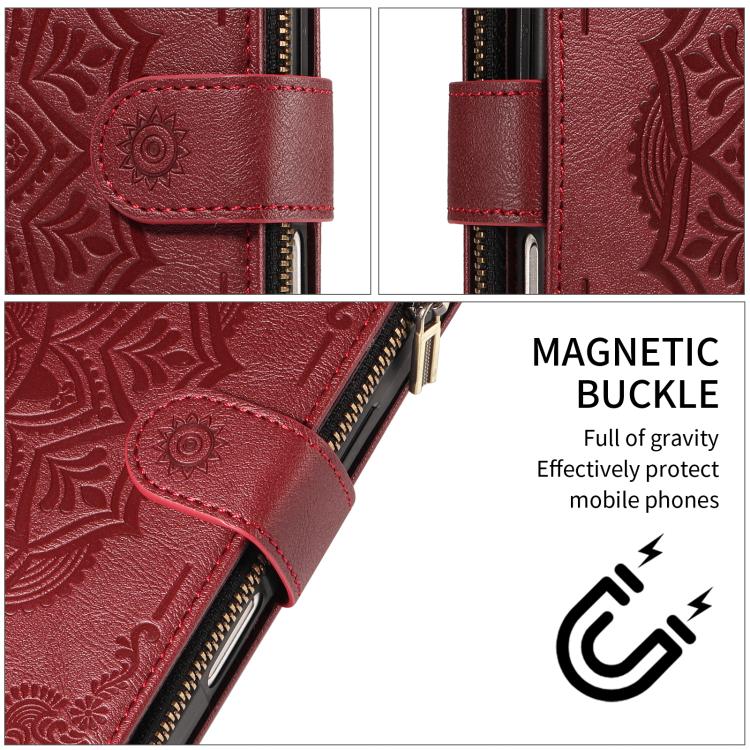 For iPhone 14 Mandala Embossed 9-Card Zipper RFID Vegan Leather Phone Case with Short Lanyard