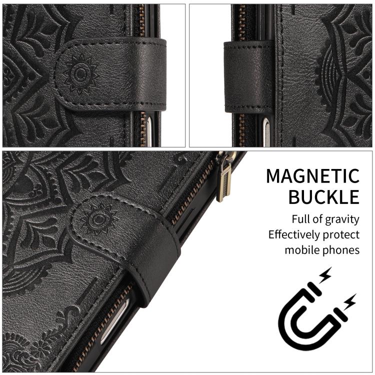For iPhone 13 mini Mandala Embossed 9-Card Zipper RFID Vegan Leather Phone Case with Short Lanyard