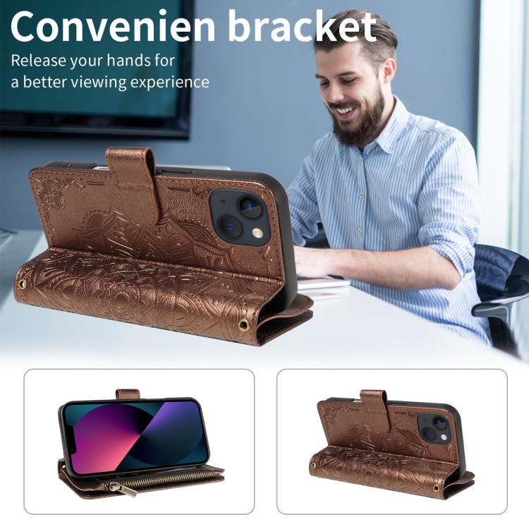 For iPhone 13 mini Mandala Embossed 9-Card Zipper RFID Vegan Leather Phone Case with Short Lanyard