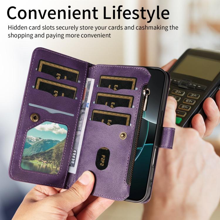 For iPhone 12 Pro Max Mandala Embossed 9-Card Zipper RFID Vegan Leather Phone Case with Short Lanyard