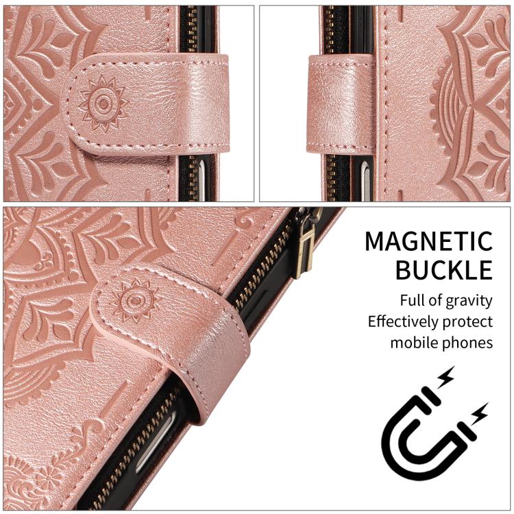 For iPhone 12 mini Mandala Embossed 9-Card Zipper RFID Vegan Leather Phone Case with Short Lanyard