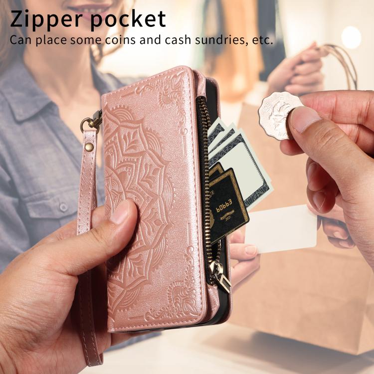 For iPhone 12 mini Mandala Embossed 9-Card Zipper RFID Vegan Leather Phone Case with Short Lanyard
