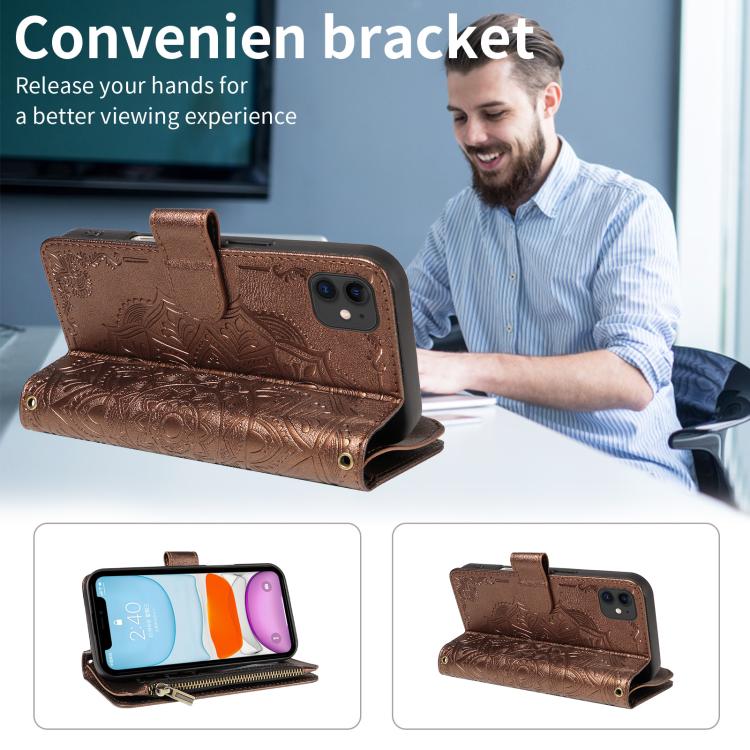 For iPhone 12 mini Mandala Embossed 9-Card Zipper RFID Vegan Leather Phone Case with Short Lanyard